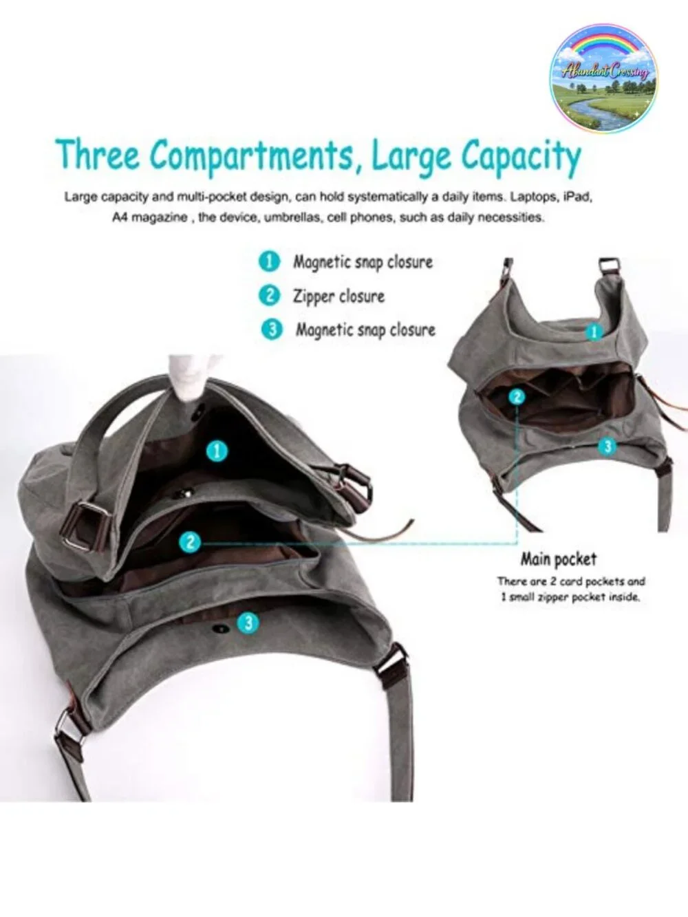 Canvas Multi-Pocket Hobo Shoulder Tote Bag for Women Travel Work Daily Purse